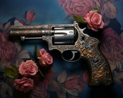 ein Revolver und Rosen auf ein Blau Hintergrund generativ ai foto