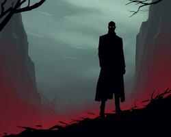 ein Silhouette von ein Mann im ein Graben Mantel Stehen im das Wald generativ ai foto