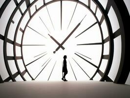 ein Silhouette von ein Frau Stehen im Vorderseite von ein groß Uhr generativ ai foto