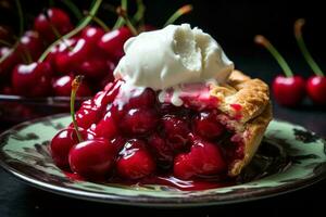 ein Scheibe von Kirsche Kuchen gekrönt mit ausgepeitscht Sahne und Kirschen generativ ai foto