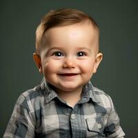 ein lächelnd Baby Junge im ein kariert Hemd generativ ai foto