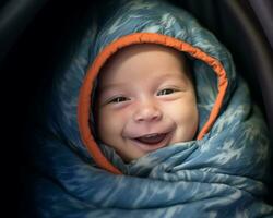 ein lächelnd Baby eingewickelt im ein Decke generativ ai foto
