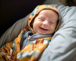 ein lächelnd Baby eingewickelt im ein Decke generativ ai foto