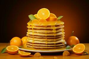 ein Stapel von Pfannkuchen mit Orange Scheiben auf oben generativ ai foto