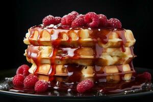 ein Stapel von Waffeln mit Sirup und Himbeeren generativ ai foto