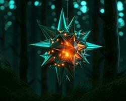 ein Star geformt Ornament hängend von ein Baum im das Wald generativ ai foto