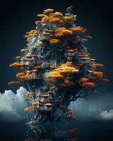 ein Baum Haus im das Mitte von das Ozean mit Orange Bäume generativ ai foto
