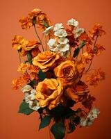 ein Vase gefüllt mit Orange und Weiß Blumen generativ ai foto