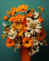 ein Vase gefüllt mit Orange und Weiß Blumen generativ ai foto