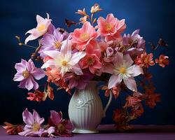 ein Vase gefüllt mit Blumen auf ein Tabelle generativ ai foto