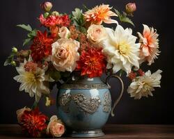 ein Vase gefüllt mit Blumen Sitzung auf ein Tabelle generativ ai foto