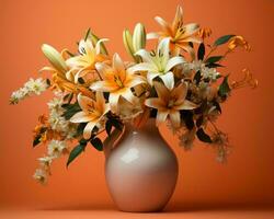 ein Vase gefüllt mit Weiß Lilien und andere Blumen auf ein Orange Hintergrund generativ ai foto