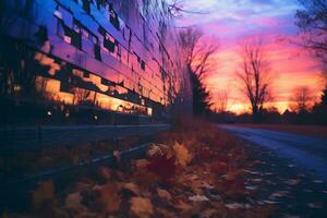 ein Mauer mit Blätter auf es und ein Sonnenuntergang im das Hintergrund generativ ai foto