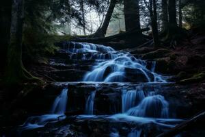 ein Wasserfall fließend durch das Wald im das dunkel generativ ai foto