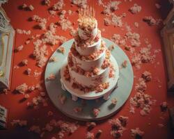 ein Hochzeit Kuchen auf oben von ein rot Tabelle generativ ai foto