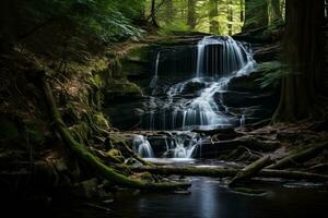 ein Wasserfall im das Wald umgeben durch Bäume generativ ai foto