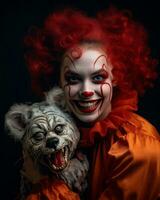 ein Frau gekleidet wie ein Clown halten ein ausgestopft Tier generativ ai foto