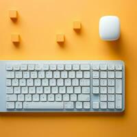 ein Weiß Tastatur und Maus auf ein Orange Hintergrund generativ ai foto