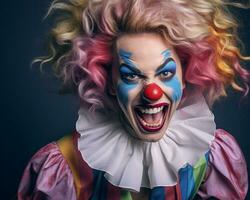 ein Frau gekleidet wie ein Clown mit ihr Mund breit öffnen generativ ai foto