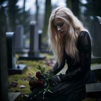 ein Frau im ein schwarz Kleid Sitzung im ein Friedhof mit Rosen generativ ai foto