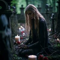 ein Frau im ein schwarz Kleid Sitzung im ein Friedhof umgeben durch Kerzen generativ ai foto