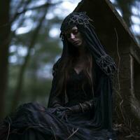 ein Frau im ein schwarz Kleid Sitzung auf ein Grab im das Wald generativ ai foto