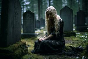 ein Frau im ein schwarz Kleid Sitzung auf das Boden im ein Friedhof generativ ai foto
