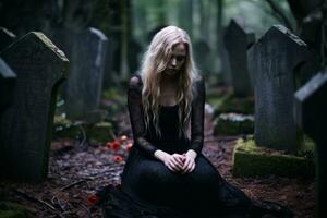 ein Frau im ein schwarz Kleid Sitzung auf das Boden im ein Friedhof generativ ai foto
