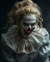 ein Frau im ein Clown Kostüm mit Blut auf ihr Gesicht generativ ai foto