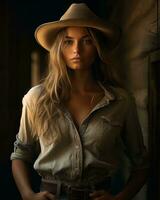 ein Frau im ein Cowboy Hut posieren zum das Kamera generativ ai foto