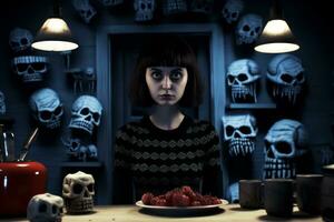 ein Frau im ein dunkel Zimmer mit Schädel auf das Mauer generativ ai foto