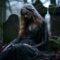 ein Frau im ein gotisch Kleid Sitzung auf ein Grabstein generativ ai foto