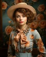 ein Frau im ein Hut und Kleid posieren im Vorderseite von Rosen generativ ai foto