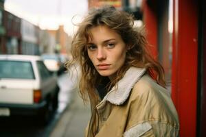 ein Frau im ein Jacke Stehen auf ein Straße Ecke generativ ai foto
