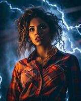 ein Frau im ein Plaid Hemd mit Blitz im das Hintergrund generativ ai foto