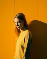ein Frau im ein Gelb Sweatshirt ist Stehen im Vorderseite von ein Orange Mauer generativ ai foto