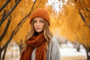 ein Frau im ein Orange Sweatshirt und braun Hut ist Stehen im ein Park mit Bäume im das Hintergrund generativ ai foto