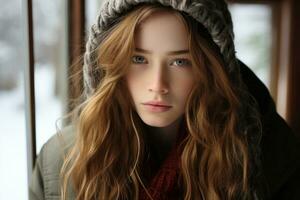ein schön jung Frau mit lange Haar tragen ein Winter Hut generativ ai foto