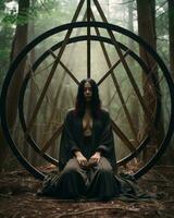 ein Frau Sitzung im Vorderseite von ein Pentagramm im das Wald generativ ai foto