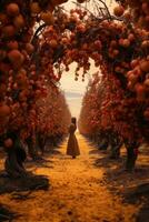 ein Frau Gehen durch ein Apfel Obstgarten generativ ai foto