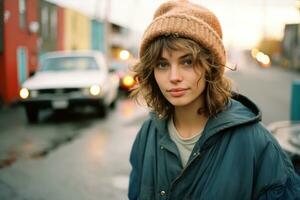 ein Frau tragen ein Mütze und Jacke Stehen auf ein Stadt Straße generativ ai foto