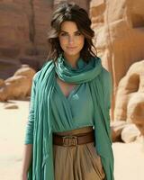 ein Frau tragen ein Grün Schal im das Wüste generativ ai foto
