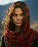 ein Frau tragen ein rot Schal im das Wüste generativ ai foto