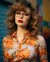 ein Frau tragen Brille und ein Blumen- Hemd generativ ai foto