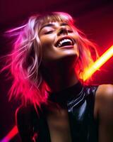 ein Frau mit hell Neon- Beleuchtung im ihr Haar generativ ai foto