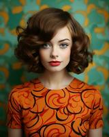 ein Frau mit braun Haar und ein Orange Kleid generativ ai foto