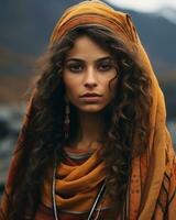 ein Frau mit lange lockig Haar tragen ein Orange Schal generativ ai foto