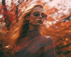 ein Frau mit lange Haar und Sonnenbrille im ein Herbst Wald generativ ai foto
