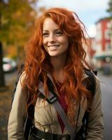 ein Frau mit lange rot Haar und ein Rucksack lächelt zum das Kamera generativ ai foto