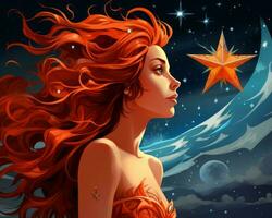 ein Frau mit lange rot Haar und ein Star im das Himmel generativ ai foto
